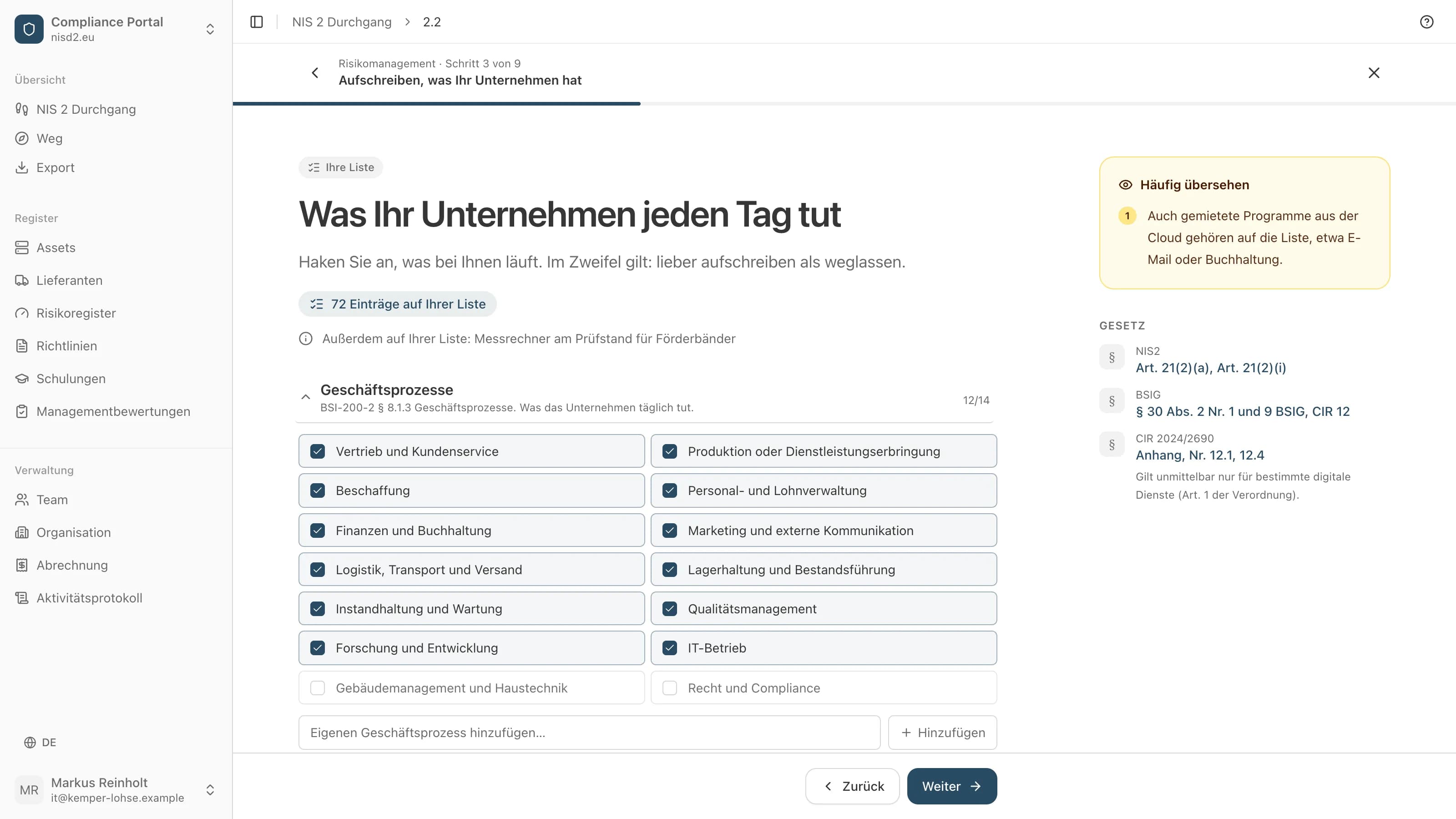 Die Liste der Assets im Durchgang: Geschäftsprozesse zum Ankreuzen