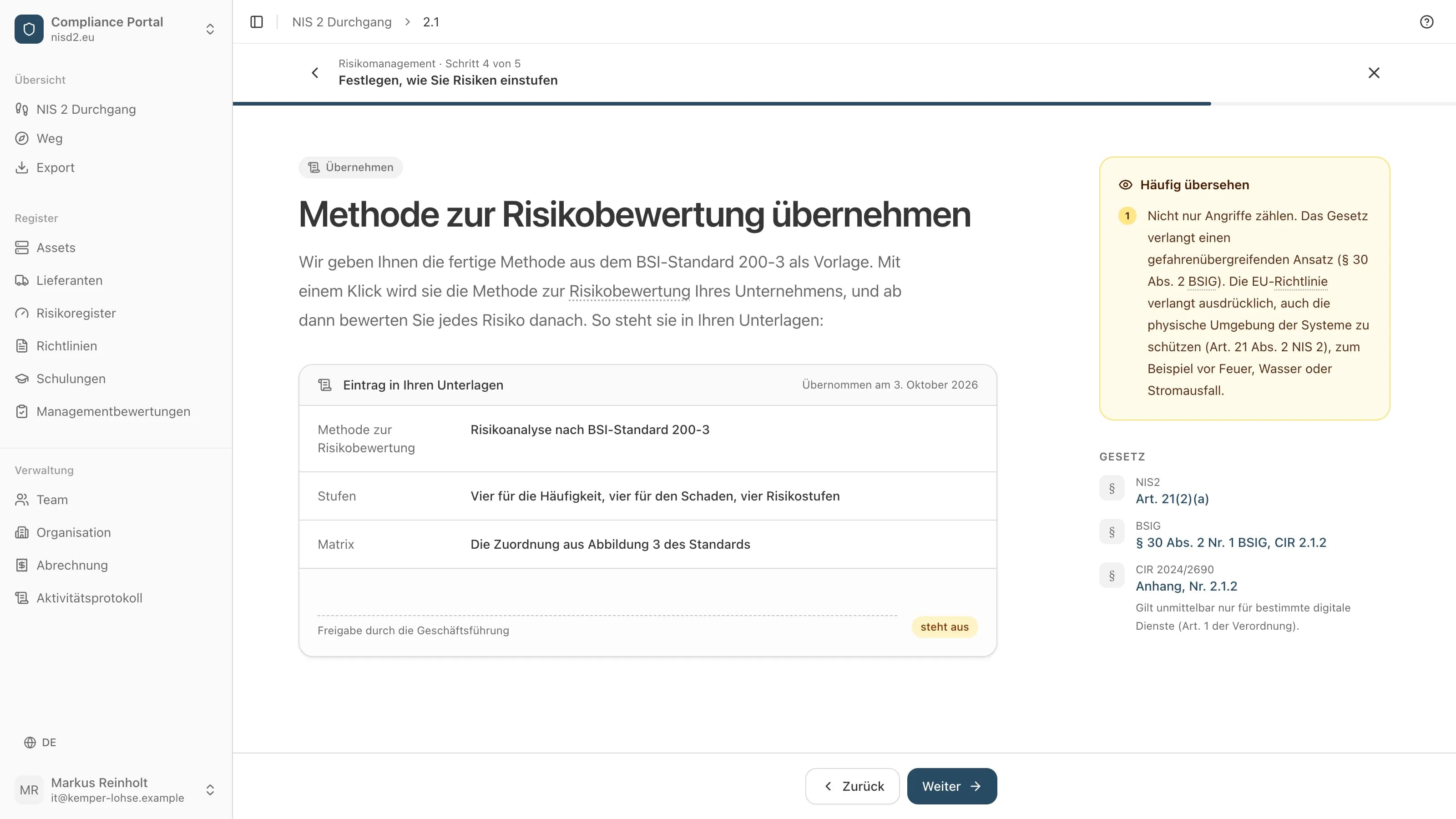 Die Methode zur Risikobewertung aus dem Standard 200-3 des BSI, als Eintrag in den Unterlagen