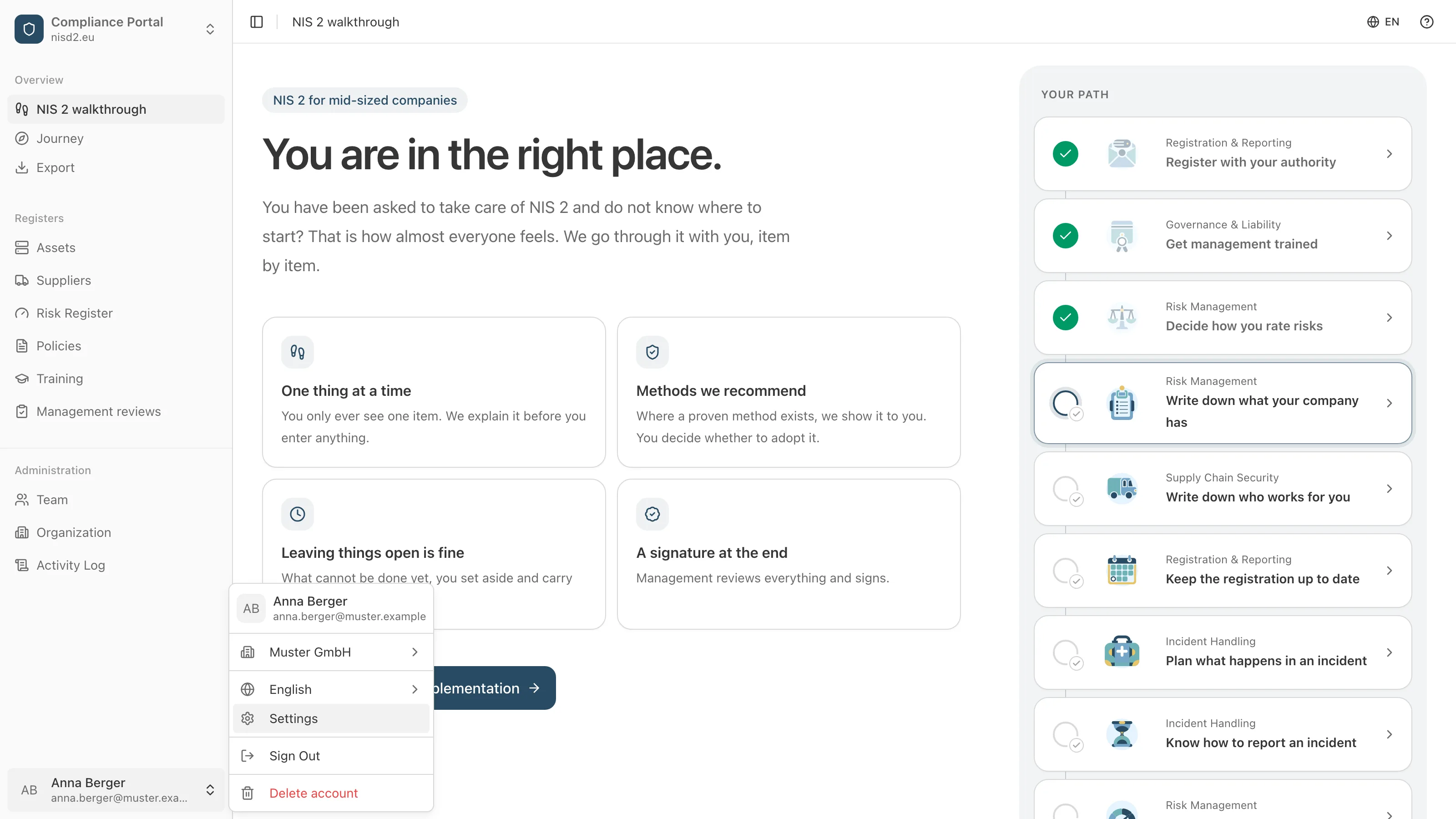 The profile menu opened over the walkthrough, with Settings highlighted