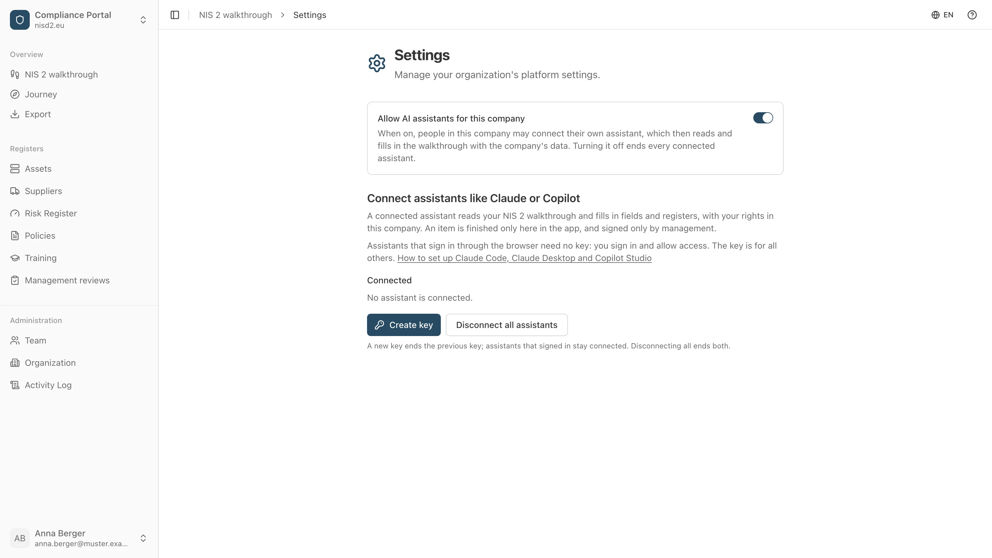 Settings with Allow AI assistants for this company turned on, and the card to connect an assistant below it